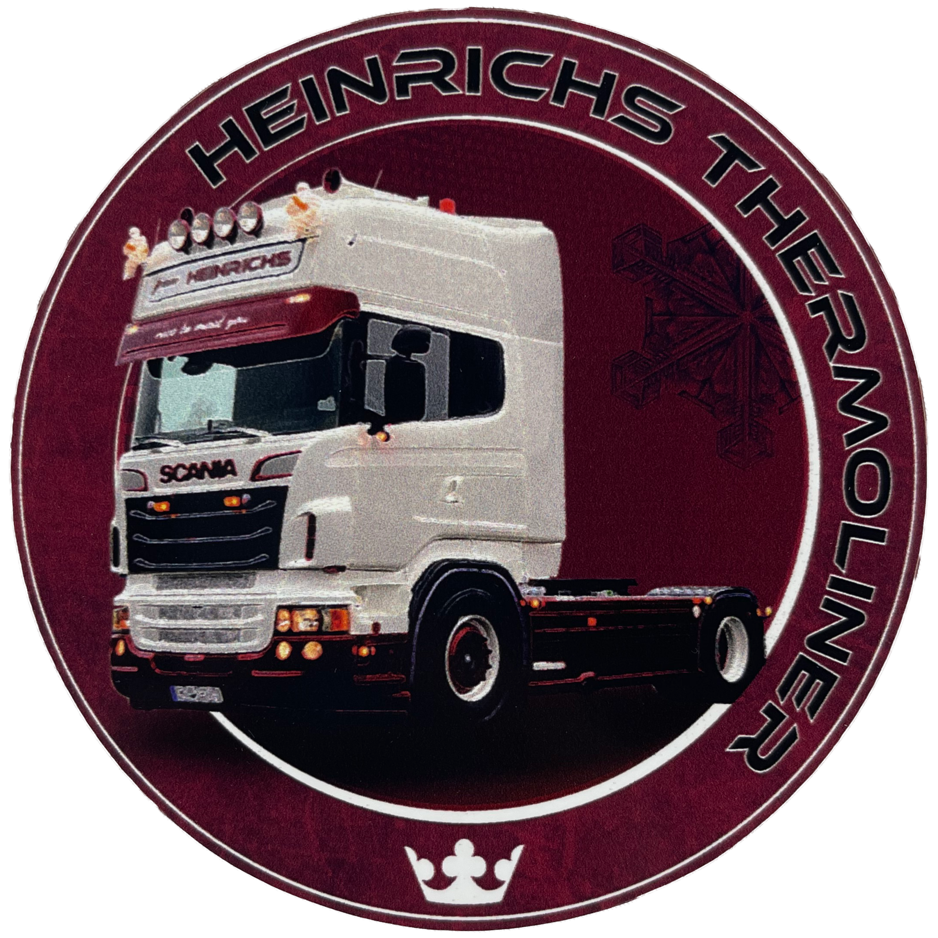 LKW von Frau Heinrichs als Aufkleber auf rotem Untergrund